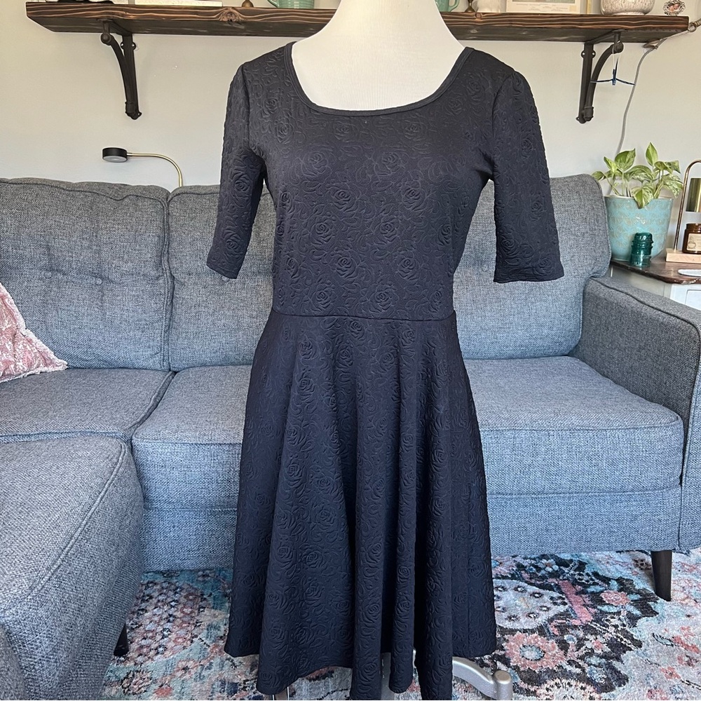 Lularoe black floral textured fit and flare dress. Size XL.